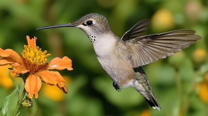 Fototapeta premium Hummingbird in flight near orange flower