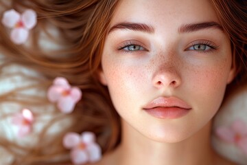 Spring mood, golden hour in sunset. Commercial promotion idea. Stunning caucasian young woman surrounded by cherry blossoms. Woman surrounded by vibrant cherry blossoms.