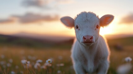 Fototapeta premium Cute calf at sunset in meadow