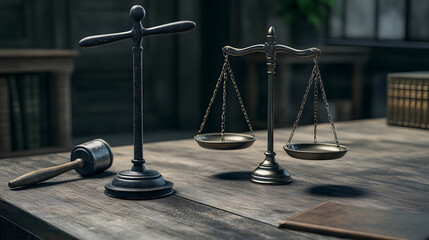 Justice scales and gavel on wooden desk, law office background, legal concept