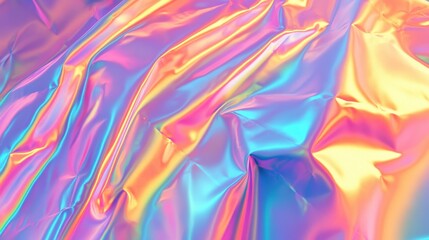 Fototapeta premium Holographic fabric with iridescent rainbow gradient and shifting pastel colors creating abstract design and texture.