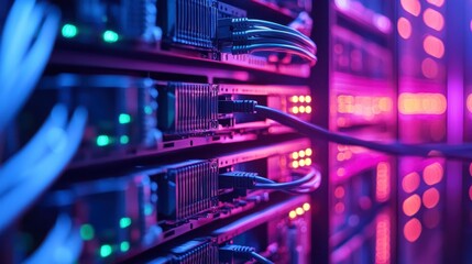 Close-up of server rack with cables and glowing lights in a data center.