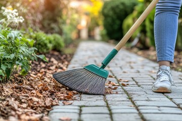 Woman Sweeping Leaves with Broom on Garden Pathway in Autumn