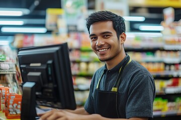 Friendly cashier smiling at the register in a grocery store. AI generated image