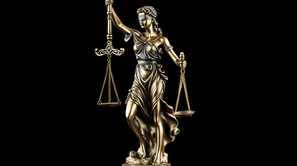 Lady Justice statue, scales of justice, blindfolded, dark background, legal concept illustration