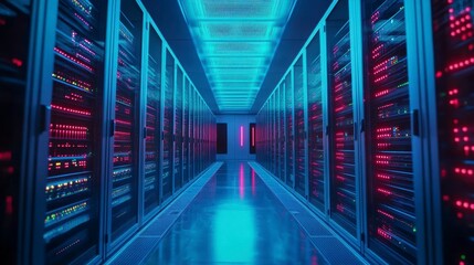 Fototapeta premium Futuristic server room with rows of glowing racks and a reflective floor.