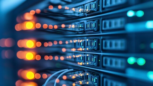 Close-up of server rack with glowing lights and cables.