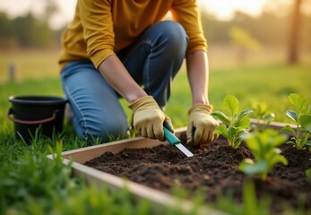 Fototapeta premium Person Planting Seedlings in Raised Garden Bed
