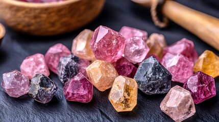 Colorful Gemstones on Dark Slate.