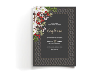WEDDING INVITATION FRAME WITH FLOWER DECORATIONS AND FRESH LEAVES