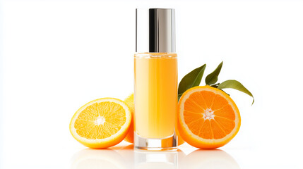 Orange-Scented Liquid in Glass Bottle with Orange Halves and Leaves