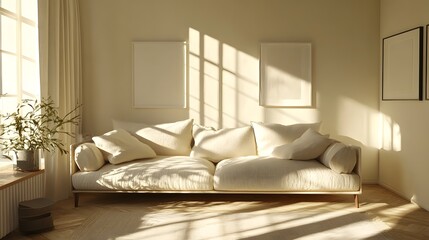 Cozy and Bright Scandinavian Style Living Room with Plush Sofa and Natural Lighting