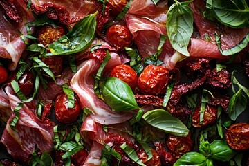 Culinary Delight featuring Prosciutto Cherry Tomatoes Basil and Sun Dried Tomatoes a Tapestry of Flavorful Ingredients