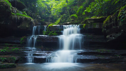 Fototapeta premium Serene Waterfall in Lush Forest