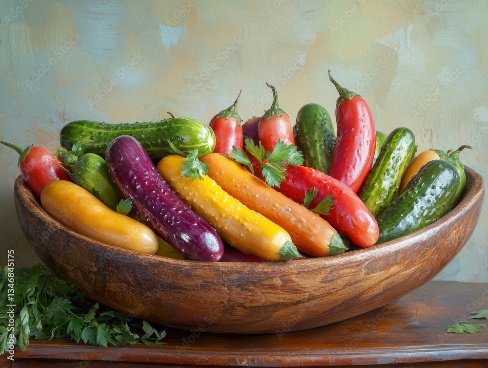 Poster Vibrant display of fresh assorted cucumbers and vegetables in wooden bowl on rustic wooden surface