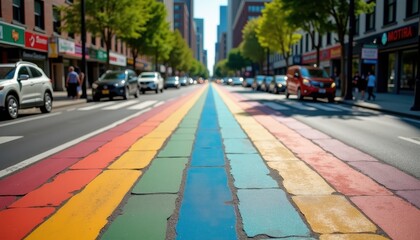 Obraz premium A vibrant rainbow crosswalk adorns a bustling city street lined with shops and trees. The scene, full of pedestrians and cars, symbolizes LGBTQ+ pride, inclusion, and celebration during Pride Month