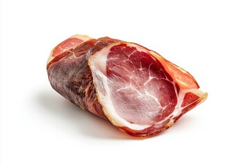 Delicate jamon presentation showcasing vibrant color on white background providing a tasteful culinary element