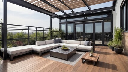 Fototapeta premium Modern outdoor patio space featuring comfortable seating and wooden deck