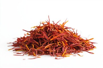 Naklejka premium Saffron threads close up vibrant spice on pure white background studio shot aromatic culinary essence