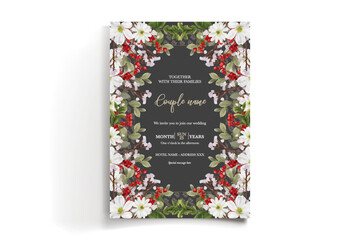 WEDDING INVITATION FRAME WITH FLOWER DECORATIONS AND FRESH LEAVES