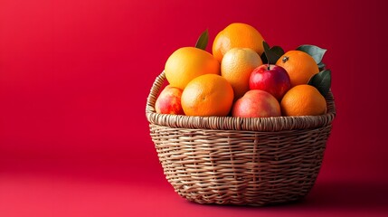 Vibrant Wicker Basket Overflowing with Fresh Citrus and Apples