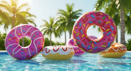 Colorful inflatable donut pool floats in a bright blue swimming pool, with palm trees in the background. Tropical, summer fun theme.