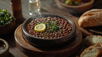 Steaming bowl of flavorful bean stew with lemon wedge and fresh parsley rustic table arrangement