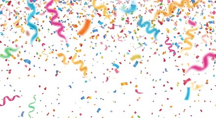 Vibrant confetti and streamers falling against a clean white background. Celebratory, party-themed design.
