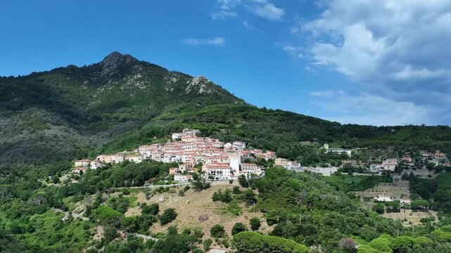 Aerial view of the village of Marciana alta. Marciana, Elba island, Livorno, Italy 