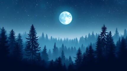 Enchanting Moonlit Forest Landscape with Pine Trees and Starry Sky