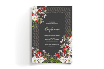 WEDDING INVITATION FRAME WITH FLOWER DECORATIONS AND FRESH LEAVES