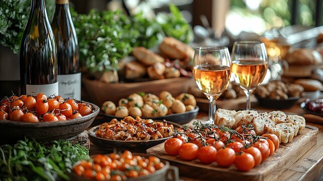 Gourmet Food Spread with Fresh Ingredients, Wine and Beautiful Arrangement for Dinner Party Celebration