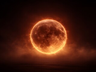 Glowing lunar orb encircled by intense orange flames in dark space