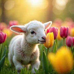 Fototapeta premium Playful Lamb Sniffing a Bouquet of Fresh Tulips in a Sunlit Spring Garden