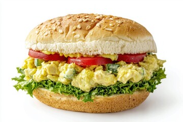 Delicious chicken salad sandwich with fresh lettuce tomato and cucumber on a white background perfect for food photography