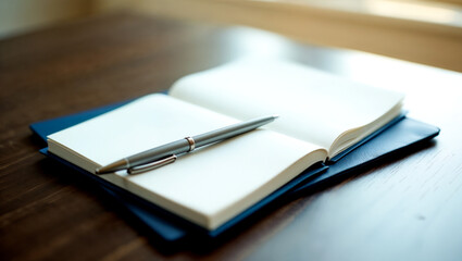 A blank notebook and pen await inspiration, ready to capture thoughts and dreams, sitting on a dark wooden surface in soft, natural light.
