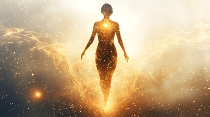 Fototapeta premium Glowing Feminine Silhouette with Radiant Celestial Energy and Particles