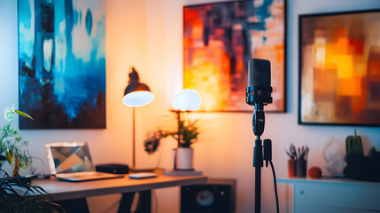 and artistic podcast studio with a modern design, abstract artwork, a microphone, and a trendy desk setup with ambient lighting and stylish decor 