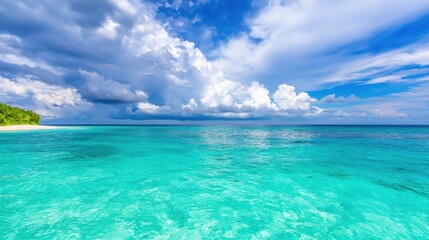 Fototapeta premium Storm clouds approaching over a calm sea Concept, Distant Storm Clouds Casting Shadows Over Calm Sea with Vibrant Blue Water and Bright Sky