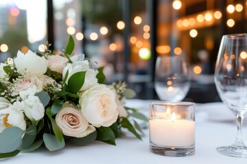 Obraz premium A beautifully arranged table setting featuring romantic flowers, soft candlelight, and a cozy atmosphere ideal for intimate gatherings or special occasions.