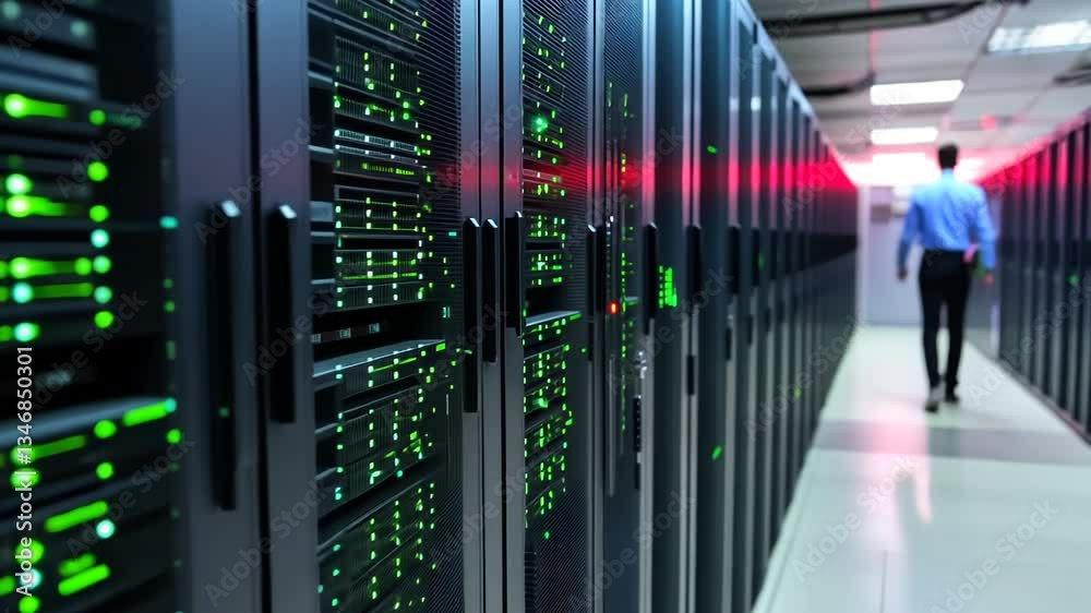 Poster exploring the data center environment with servers and network infrastructure in action