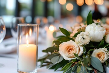Obraz premium A delicate floral arrangement accompanied by softly glowing candles, creating a peaceful setting for a relaxed dining experience or an intimate gathering.