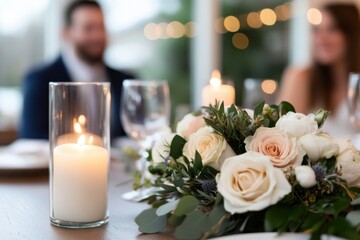 Obraz premium An exquisite floral arrangement adorned with glowing candles, setting a perfect backdrop for intimate gatherings and special celebrations amidst a warm atmosphere.
