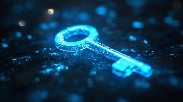 Glowing digital key on dark surface, data background, security concept