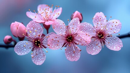 Delicate pink blossoms with dew drops