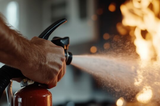 A person using a fire extinguisher in a kitchen to combat flames, showcasing the importance of fire safety and preparedness in cooking environments.
