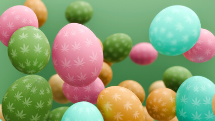 Floating pastel Easter eggs with cannabis leaf designs. A whimsical 420 holiday concept in 3D.