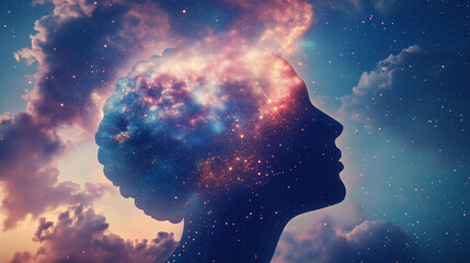 Mindscape: A silhouetted head, filled with a swirling galaxy of stars and nebula, representing the vastness of thought and the wonders of the inner world.