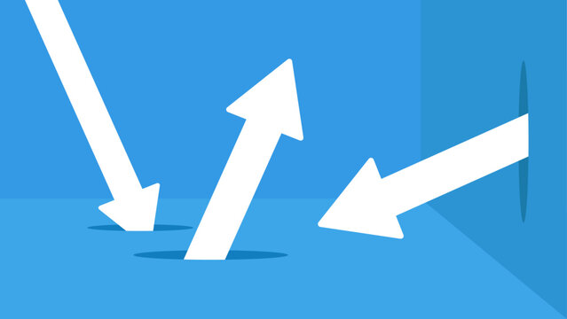 Three white arrows pass through separate holes, each following a different direction. Overcoming challenges concept, finding alternative routes, and navigating obstacles creatively.