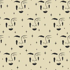 Beautiful ink female face seamless pattern. Aesthetic hand drawn vector abstract graphic modern art